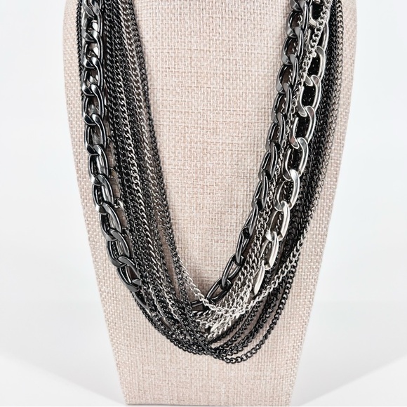 Layered Mixed Metal Chain Necklace Multi Strand Gunmetal Silver Edgy Punk Goth - Picture 4 of 15